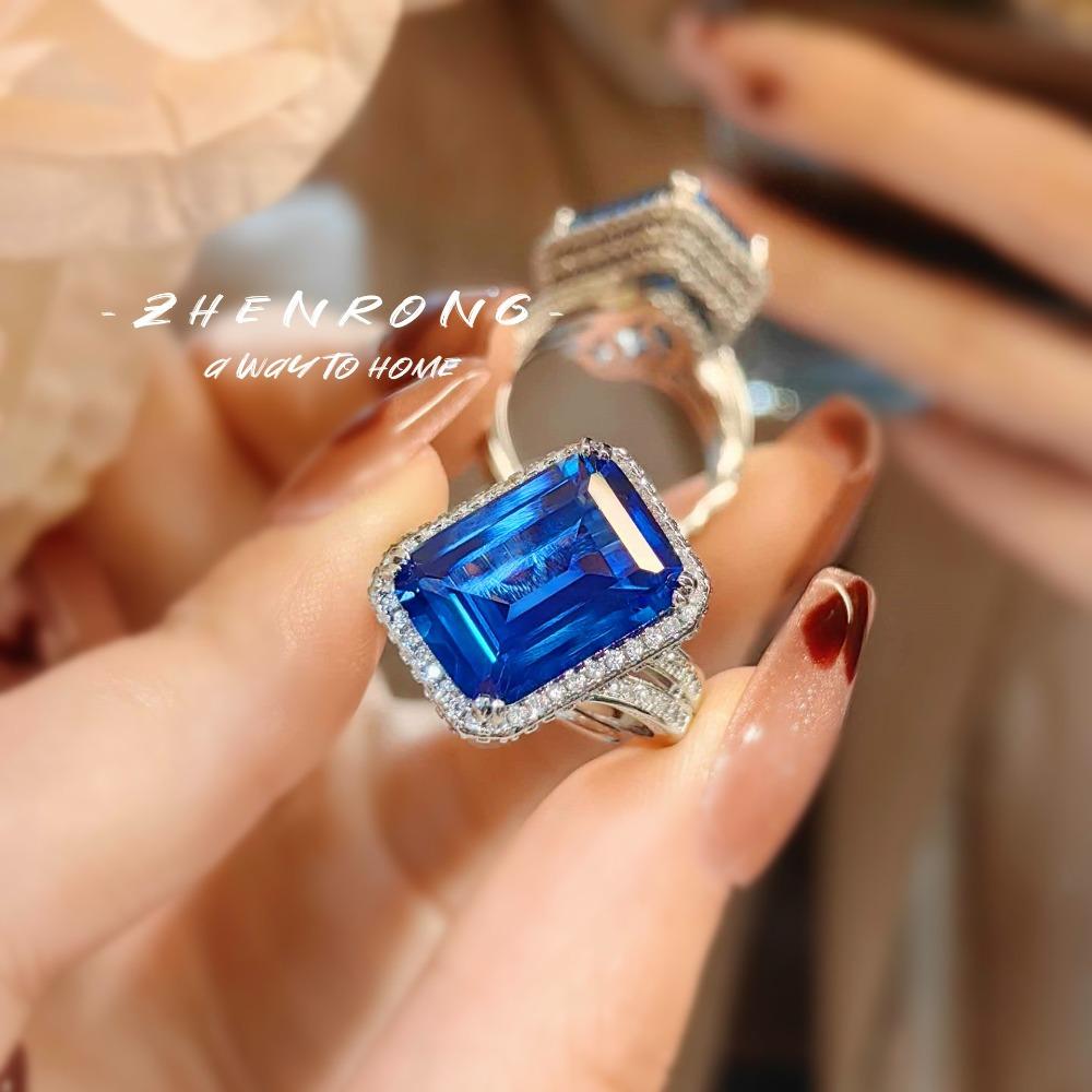 Luxury Open Ring Blue Spinel and Ruby Gemstone with Diamond Setting for Women Stylish Square Emerald Cut Jewelry