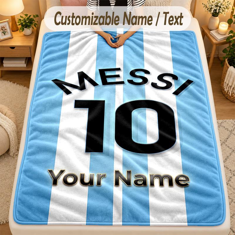 Flannel BlanketLionel Messi Custom Name Text Personalized Soft Warm Throw Blanket Home Decor Gift