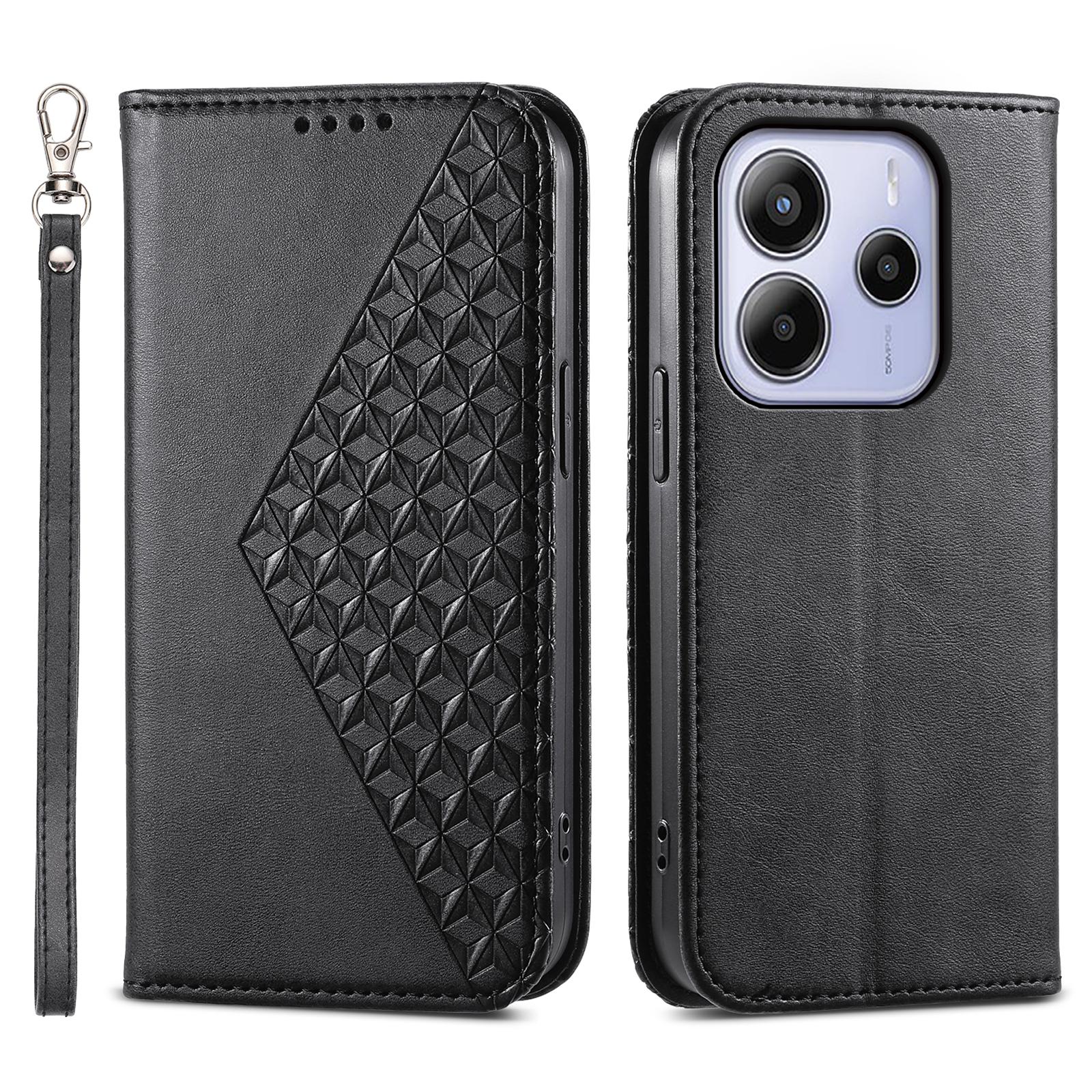 

Для Xiaomi Redmi Note 14 4G (163,25 мм) Чехол из ПУ кожи с текстурой теленка, чехол для телефона с кошельком Black