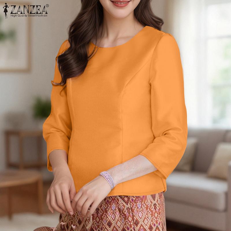 ZANZEA Damen Freizeit Rundhals Einfarbig 3/4 Ärmel Bluse