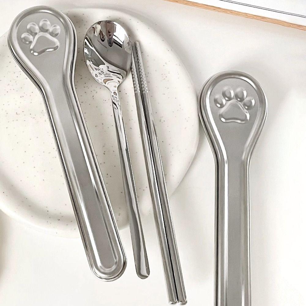 304 Stainless Steel Travel Tableware Set With Cat Paw Box Curlty Set Chopsticks Spoon Set Student