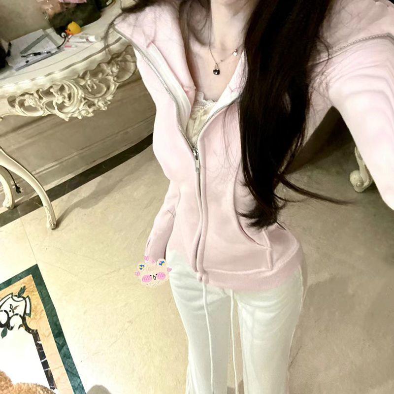 Women's Slim-Fit Pink Hooded Zipper Jacket, Sporty Spring/Autumn Style