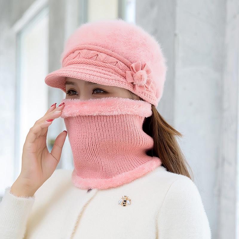 Women's Winter Rabbit Hair Knitted Hat, Snood, and Gloves Set - Fleece-Lined, Cold-Proof, Warm Wool for Middle-Aged and Elderly Moms