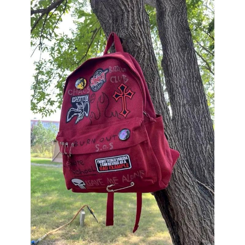Zaino Rosso Vino Rock Punk Studente Grande Capacità Casual per Uomo e Donna