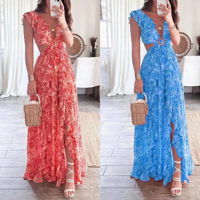 Women's Spring New Elegant Printed Deep V Sexy Hollow-Exposed Dress