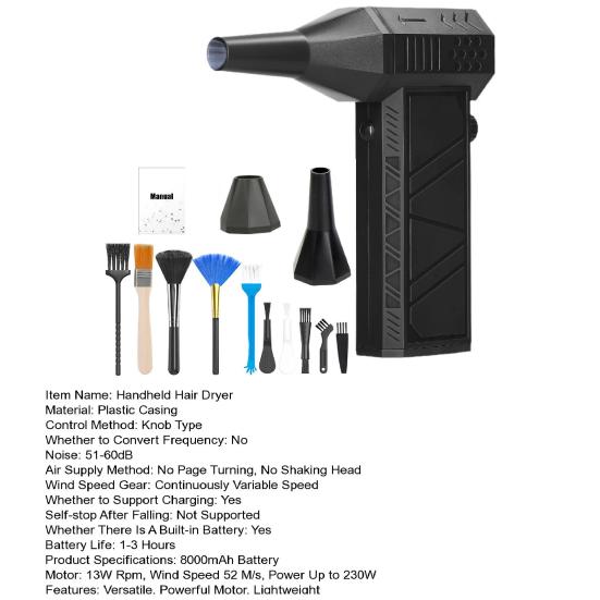 Yousheng Handheld Hair Dryer Vacuum Cleaner with Multiple Nozzles Brushes Matte Black Industrial Design Powerful Airflow Portable Dust Blower