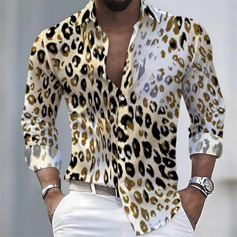 Men's Leopard Print Shirt Long Sleeve 3D Animal Pattern Button Down Spring Autumn Streetwear Tops