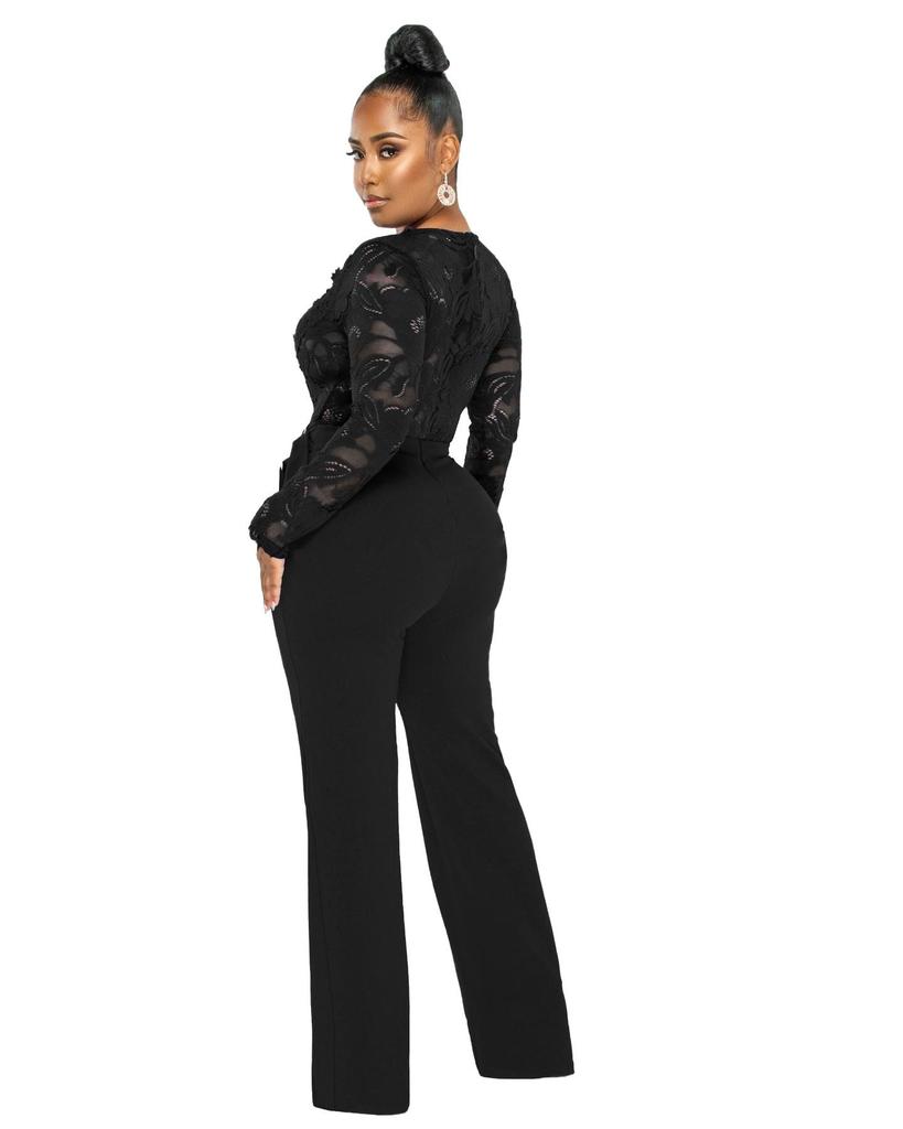 Elegant V-Neck Lace Slim Fit See-Through Jumpsuit