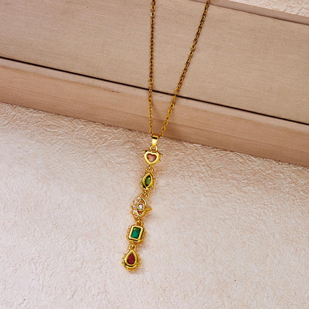 Stainless Steel Colorful Rhinestone Long Pendant Necklace for Women Zircon Eye Sun Moon Water Drop Choker Party Wedding Jewelry