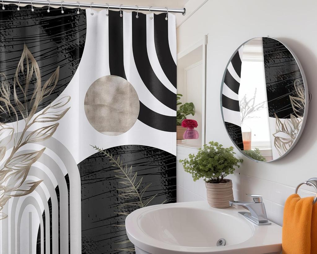 Mid-Century Moderní sprchový závěs Černobílý sprchový závěs do koupelny Dekorativní abstraktní sprchový závěs s háčky