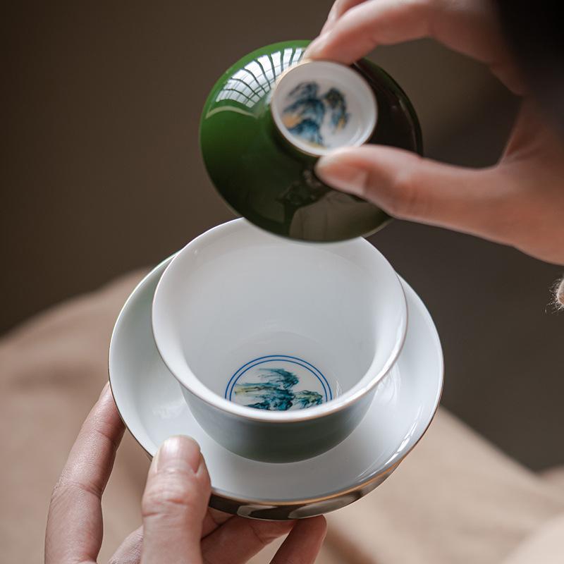 Emerald Green Hand Painted Thousand Mile Landscape Cover Bowl Original Glaze Ceramic Antique Style Gongfu Anti Scald Tea Set