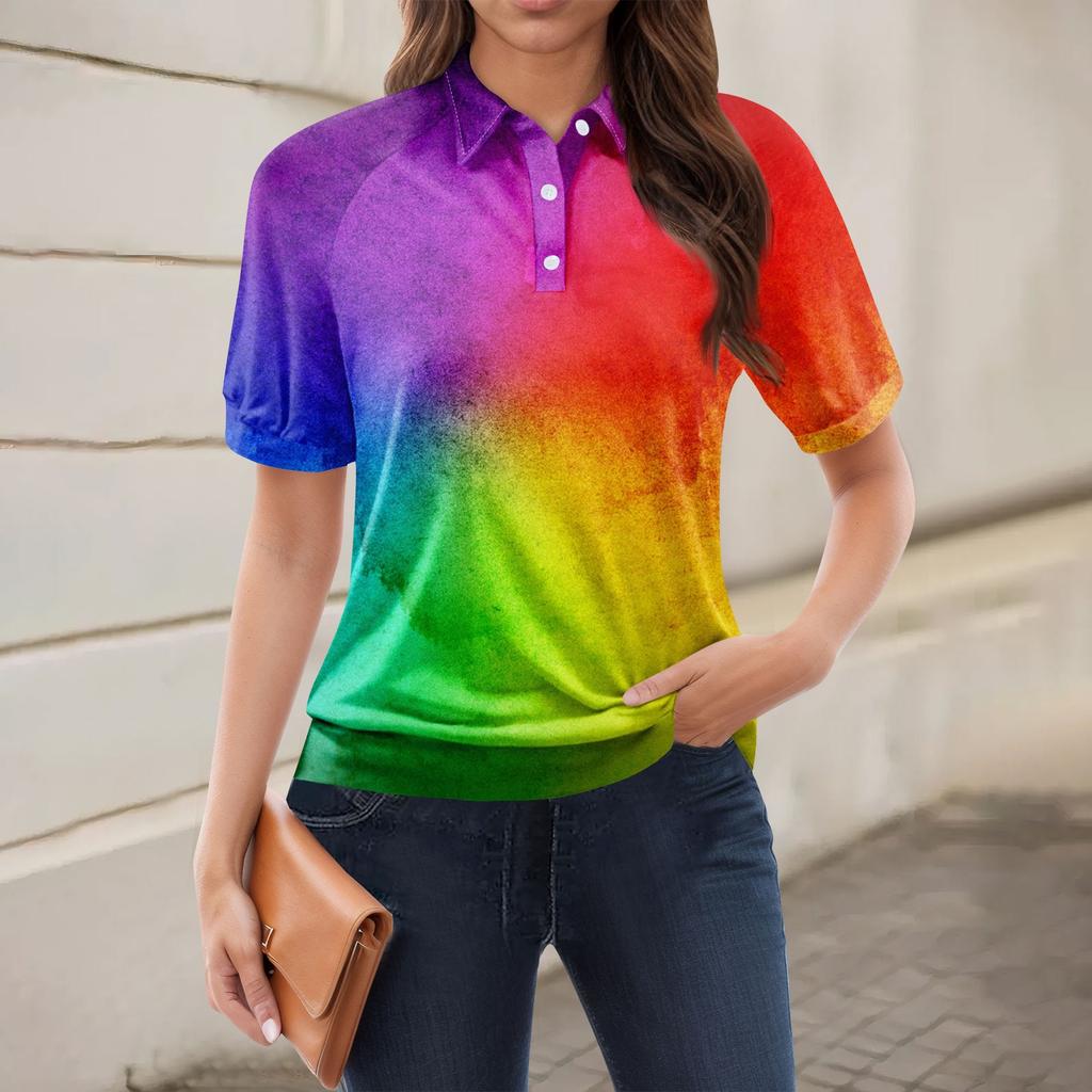 Women's Casual Floral Print V-Neck Short Sleeve Decorative Button T-Shirt Top