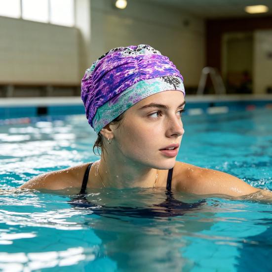 Cloth Swimming Pool Cap for Women, Breathable Colorful Ruffle Swim Cap, Elastic Ear Protection Short Long Hair Bathing Hat