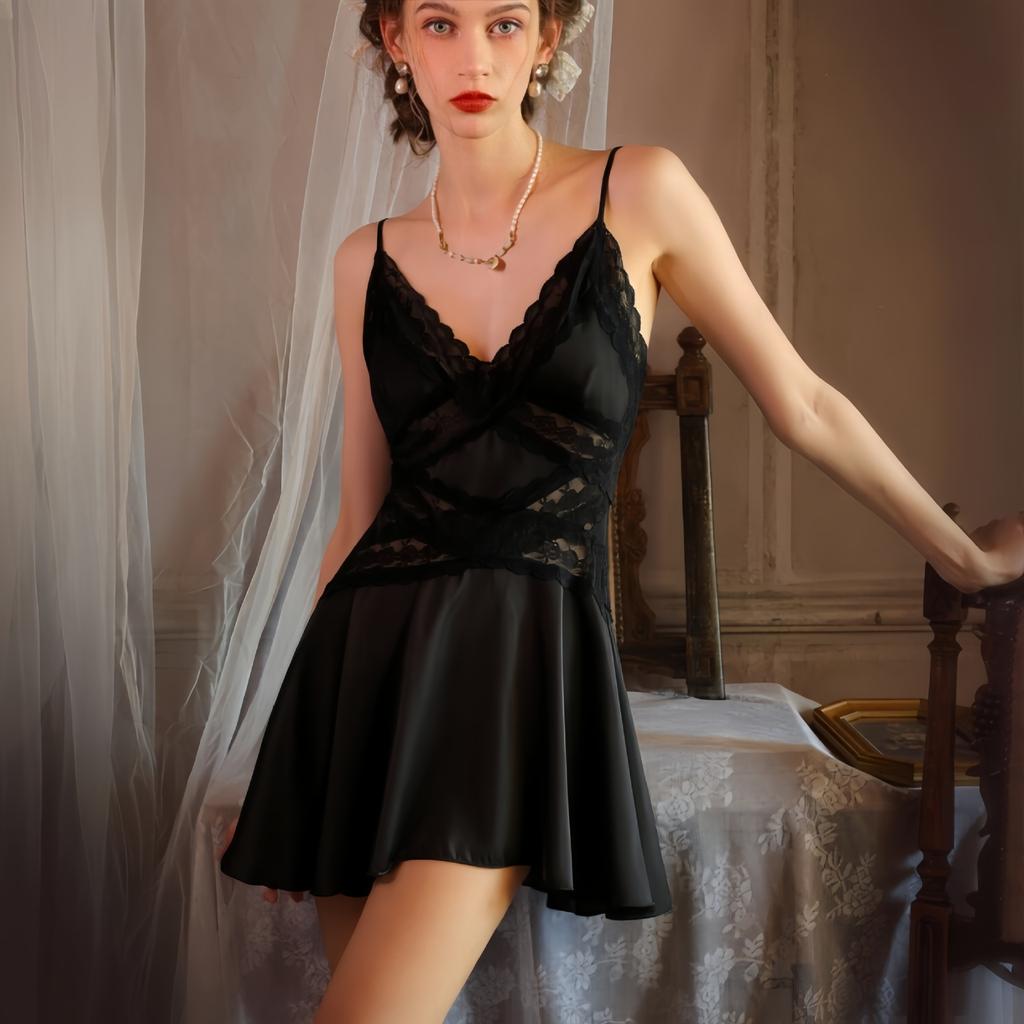 Ice and snow silk female sexy suspender nightdress lace lace summer pure desire temptation pajamas ice silk loungewear with chest pad