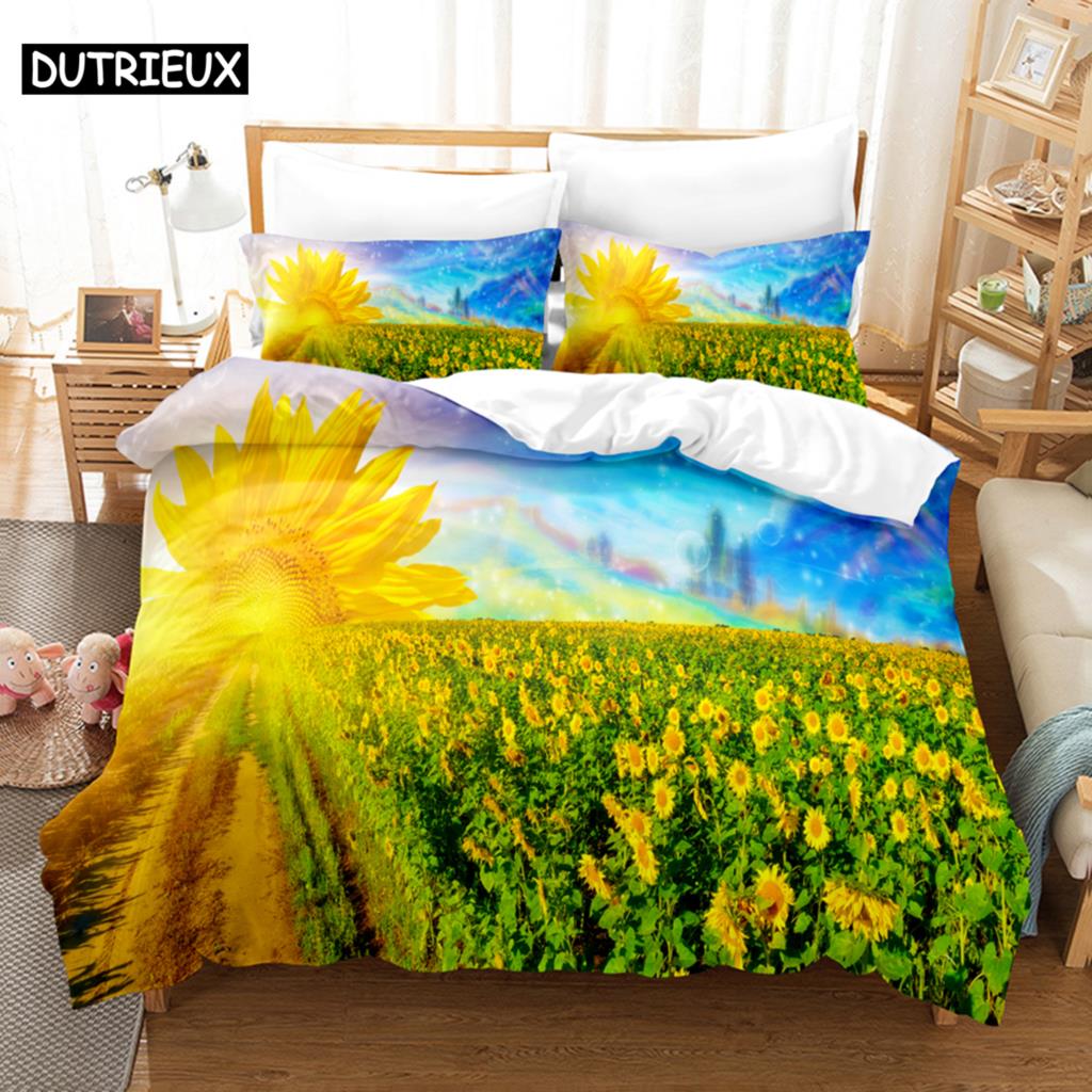 Floral Quilt Cover Queen Size Sunflower Duvet Cover 3D Bedding Set 3Pcs 2Pcs With Pillowcase King Full Twin Single Double Beds