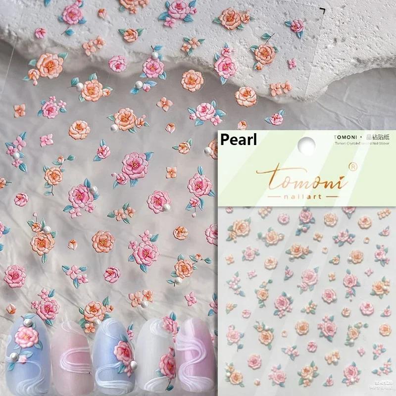 Gold Stamped Blooming Red Peony 3D Self-Adhesive Nail Art Stickers Lily Magnolia Camellia Daisy Rose Manicure Decals