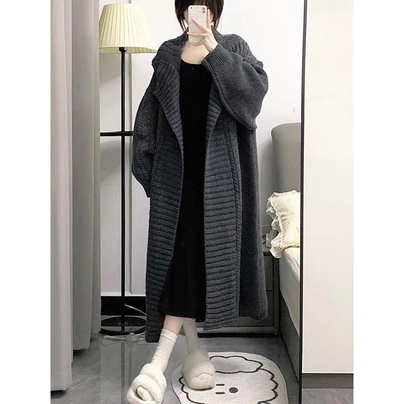 French Retro Long Knit Cardigan with Turn-Down Collar - Loose, Cozy Sweater for Tall Individuals (Autumn/Winter)