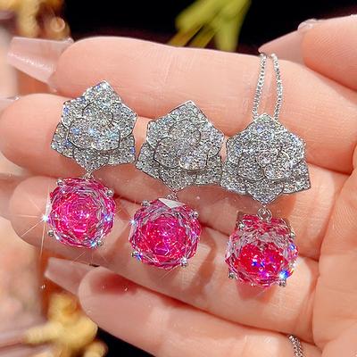 Conjunto de Pingente de Pétala Vermelha Rosa com Corte Rosa Simulação de Joia Pedra Principal 12Mm
