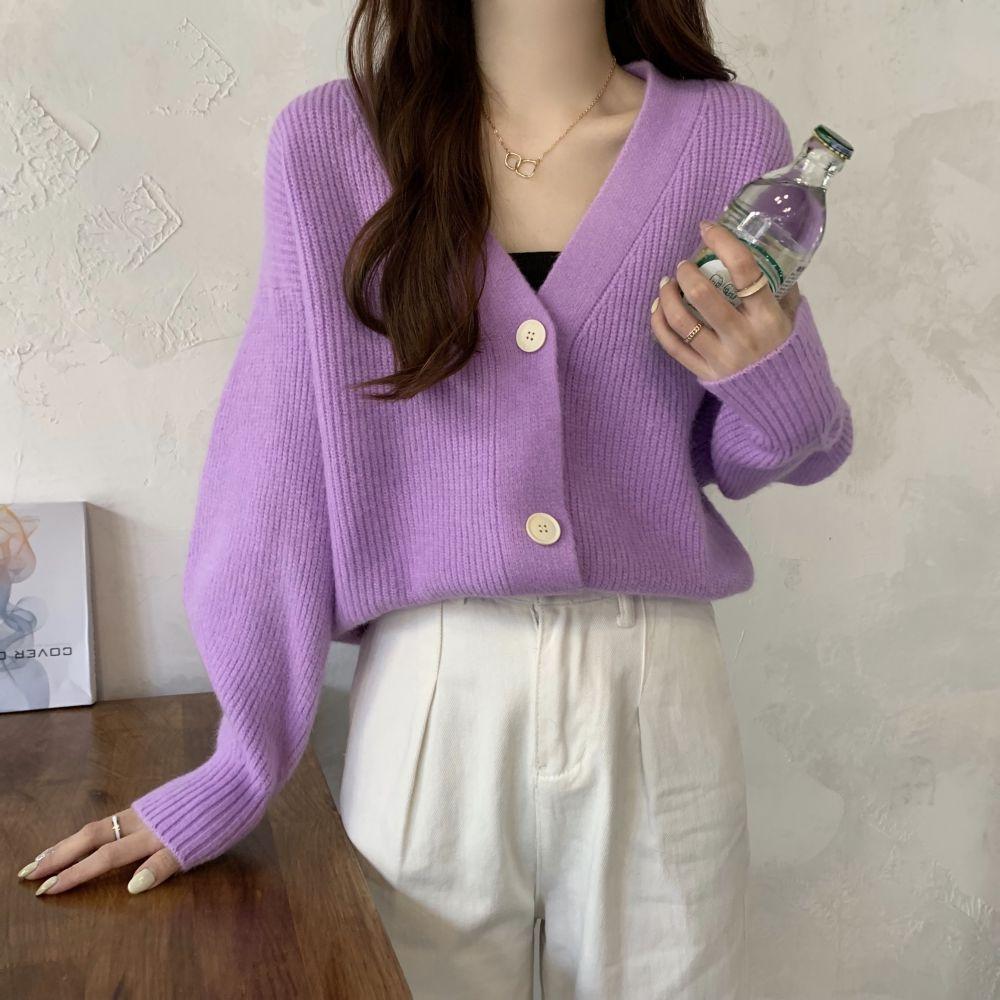 Vintage v-neck knitted cardigan jacket spring and autumn new loose lazy wind soft waxy sweater women