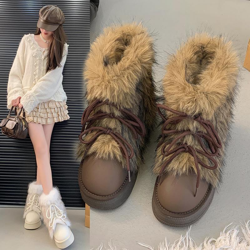 Fashion Trend Fleece Thickened Heightened Thick-soled Snow Boots Women's 2025 New Winter Warm Fluffy Women's Cotton Boots