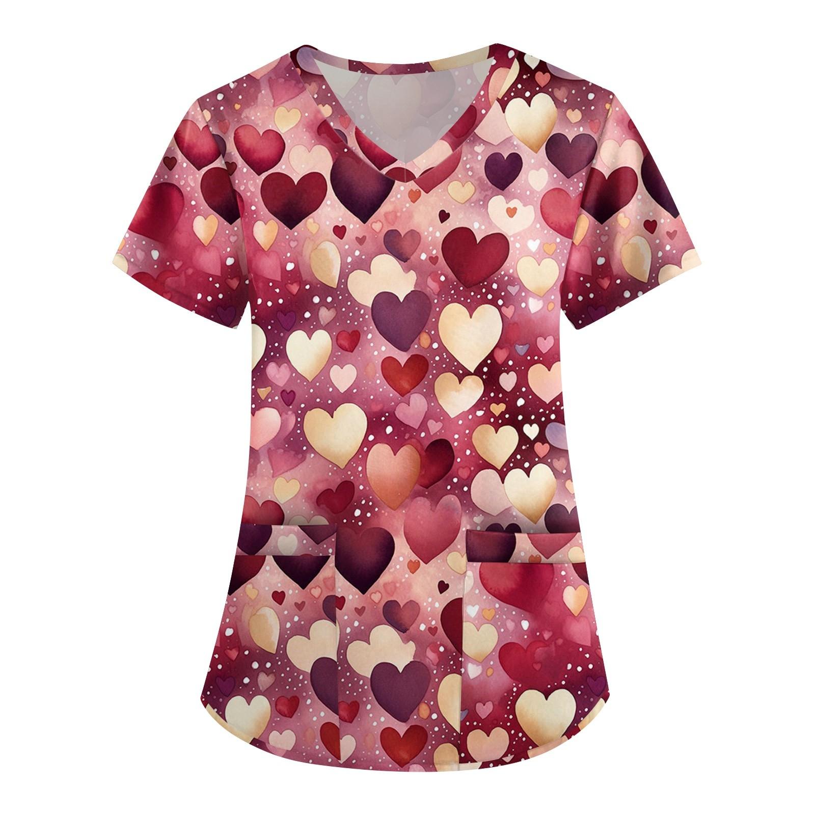 

Женская симпатичная принтованная рабочая одежда с V-образным вырезом, двухслойными карманами, базовым коротким рукавом, пуловером ко Дню святого Валентина M