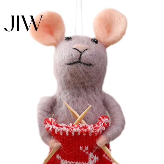 Soft Wool Felt Animal Figurines Christmas Mouse Ornament, Handmade Felted Hanging Decoration, Knitting Theme Xmas Tree Baubles Cute Doll for