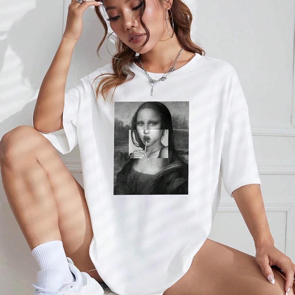 Women Cotton T-Shirts Funny Mona Lisa Printed Short sleeve Tee Comfortable Personality Loose Tops Summer Fashion Lady Clothes
