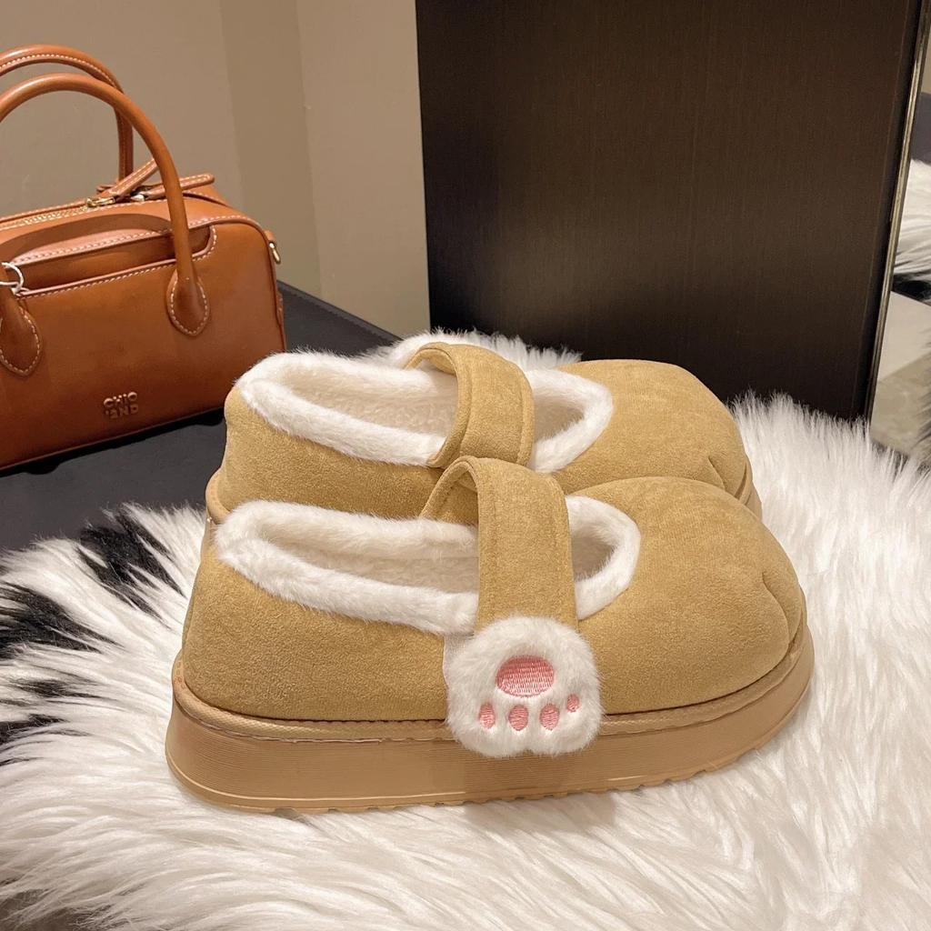 Fashion Cute Cat Paw Cotton Snow Boots Shoes with Winter Velvet Thick Sole Indoor Outdoor Shoes ForWarm Round Toe Ankle Boots