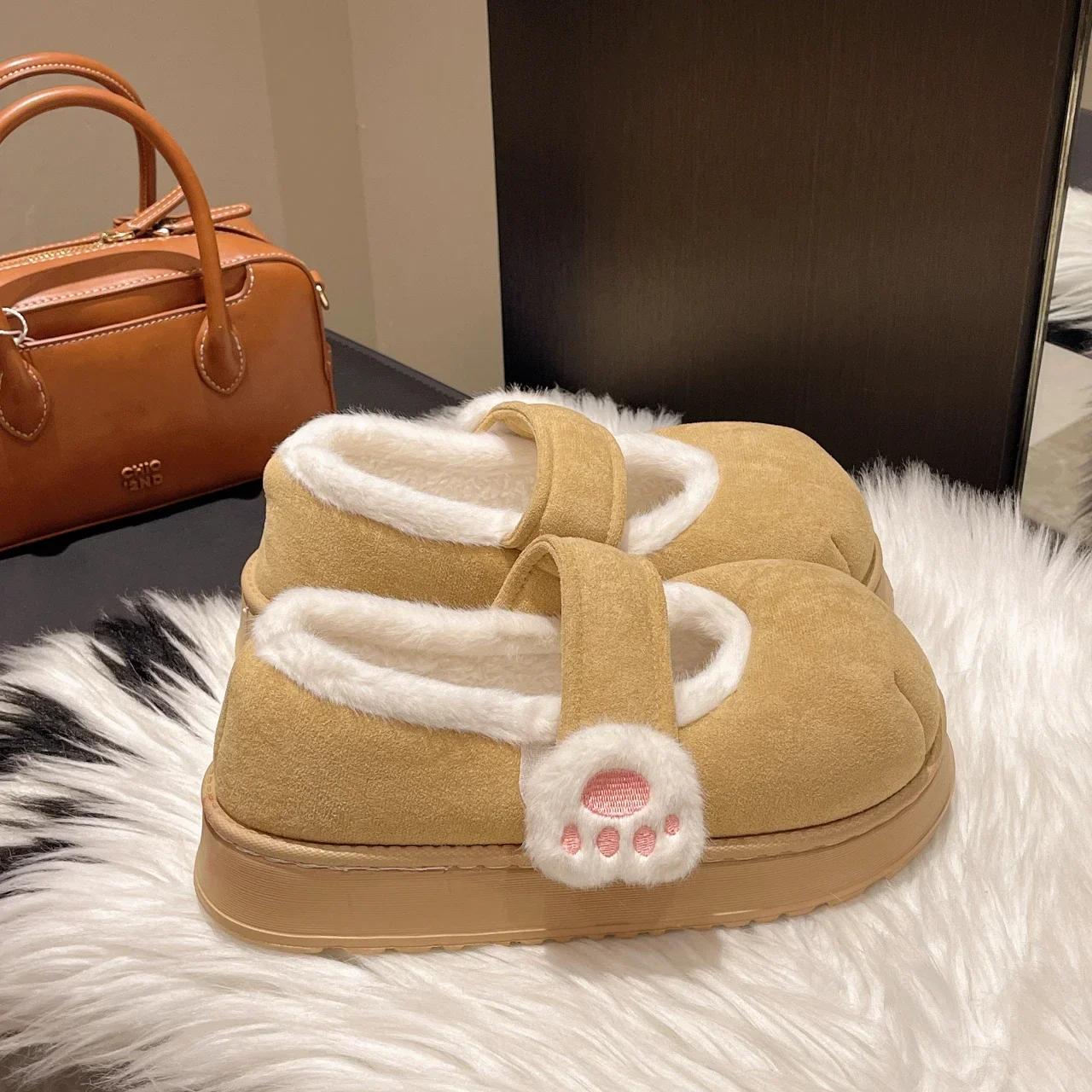 

Модные милые хлопковые сноубутсы с кошачьей лапкой, зимние бархатные, на толстой подошве, для дома и улицы, теплые ботильоны с круглым носком 36-37 бежевый