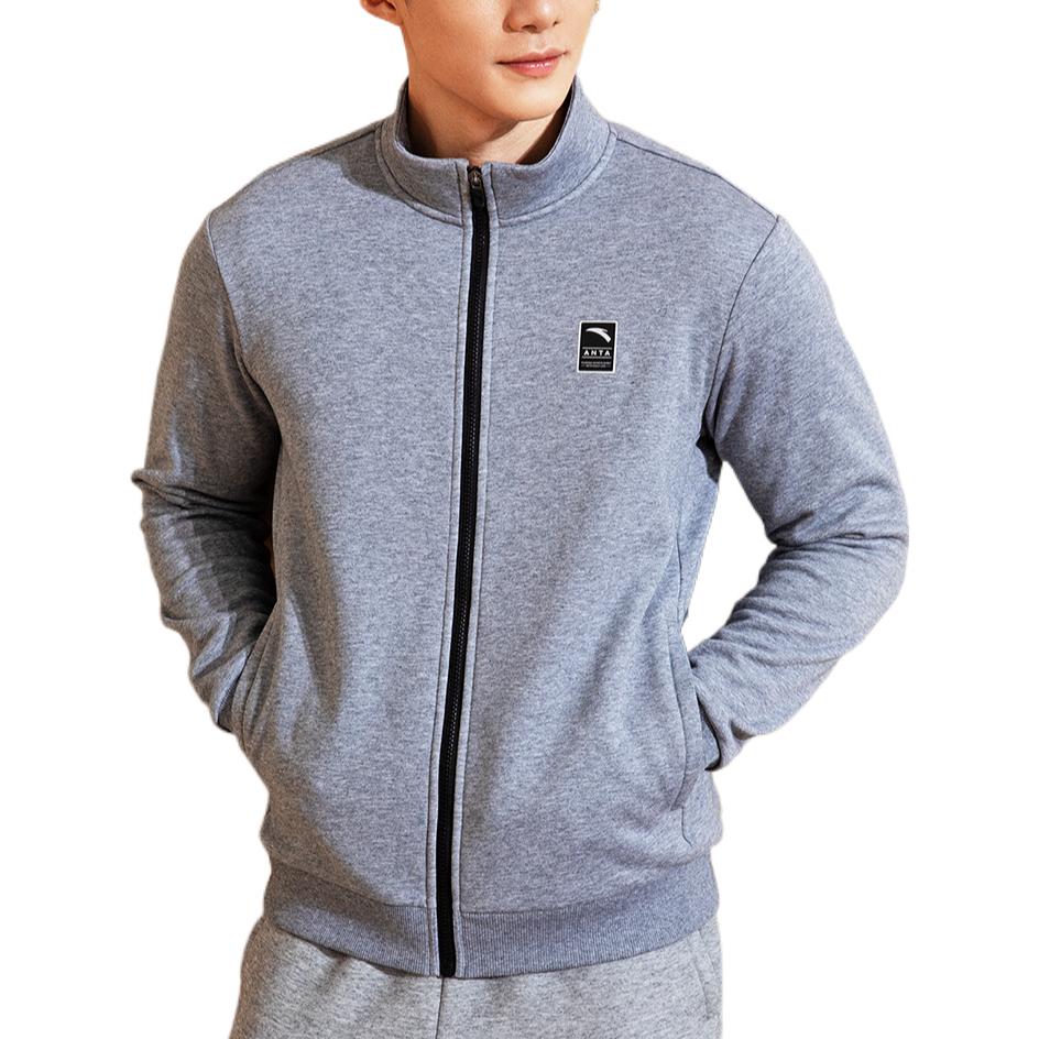 Anta Plain Logo Patch Zipper Fleece Hoodie Men hoodies Gray 952237735-1