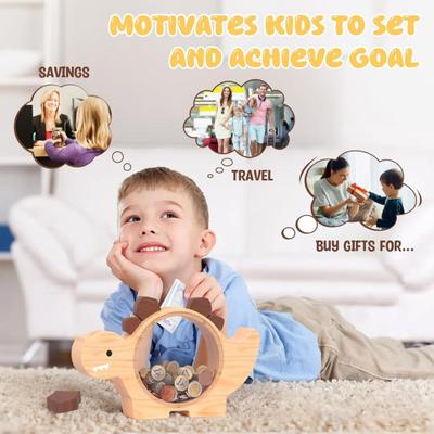 Wooden Piggy Bank for Boys Girls Dinosaur Shape Money Bank Transparent Window Coin Saving Box with Lock Kids Financial Education Toy