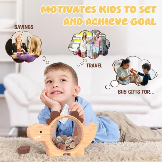 Dřevěné prasátko pro kluky a holky, tvar dinosaura, pokladnička s průhledným okénkem, spořicí box na mince se zámkem, hračka pro finanční vzdělávání dětí