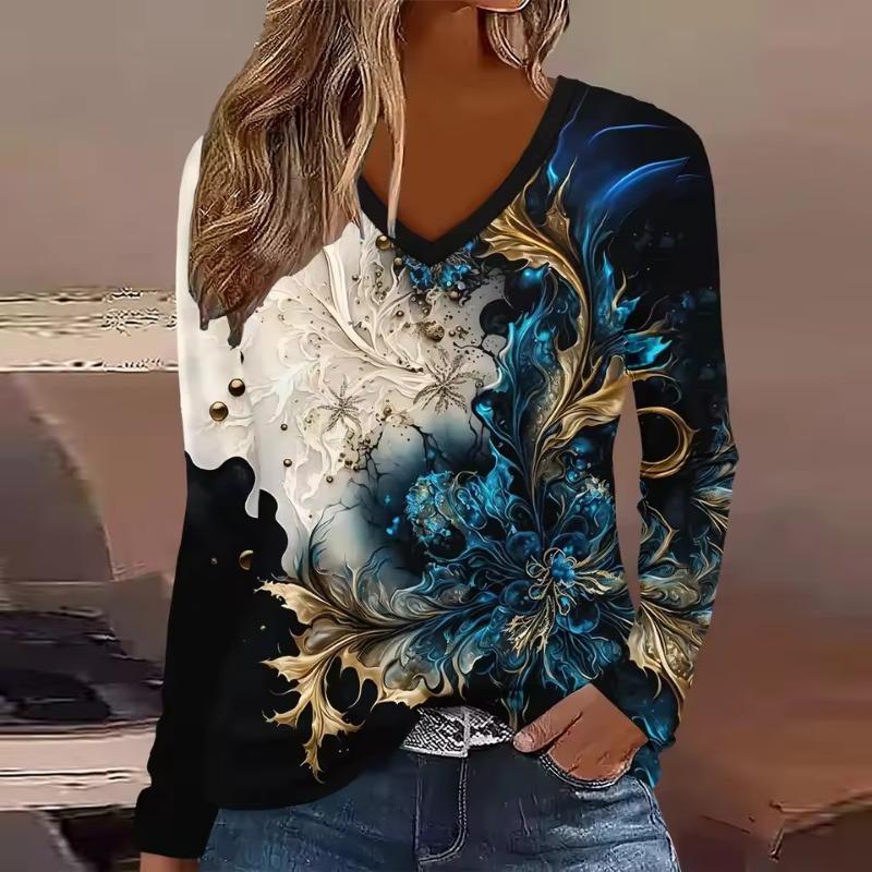 Women's T-Shirt Floral Graphic Flower Elegant Fashion Tee Long Sleeve T-shirts V-Neck Regular Tops Pullover Fall Winter