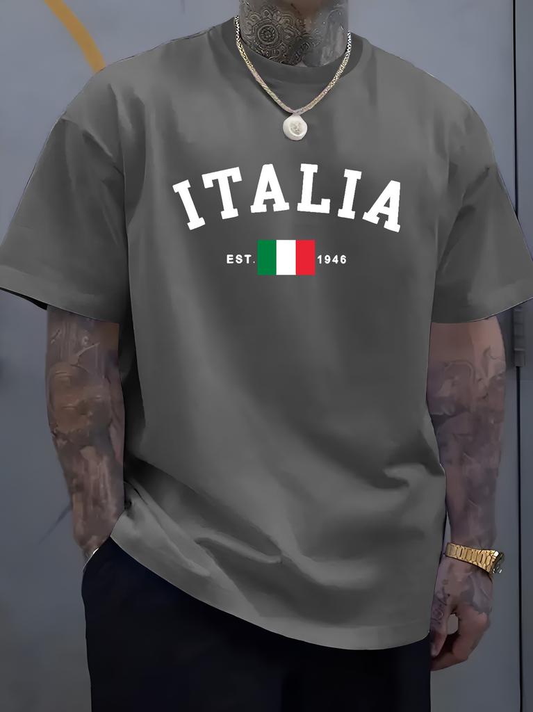 Unisex O Neck Tee Italia Italy Flag Est 1946 Letter Print Cotton Short Sleeve Loose Summer Breathable Daily Casual Basic Wear Top