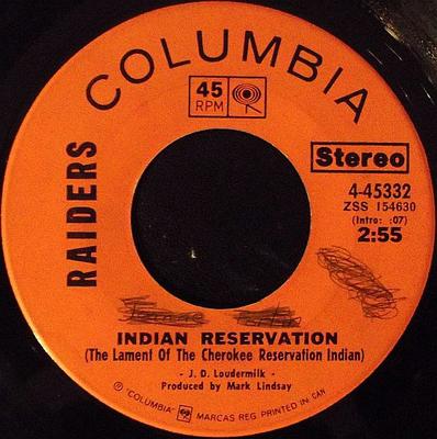 7inch Record RAIDERS - Indian Reservation / Terry's Tune 445332 Columbia 1971 Canada Rock Used