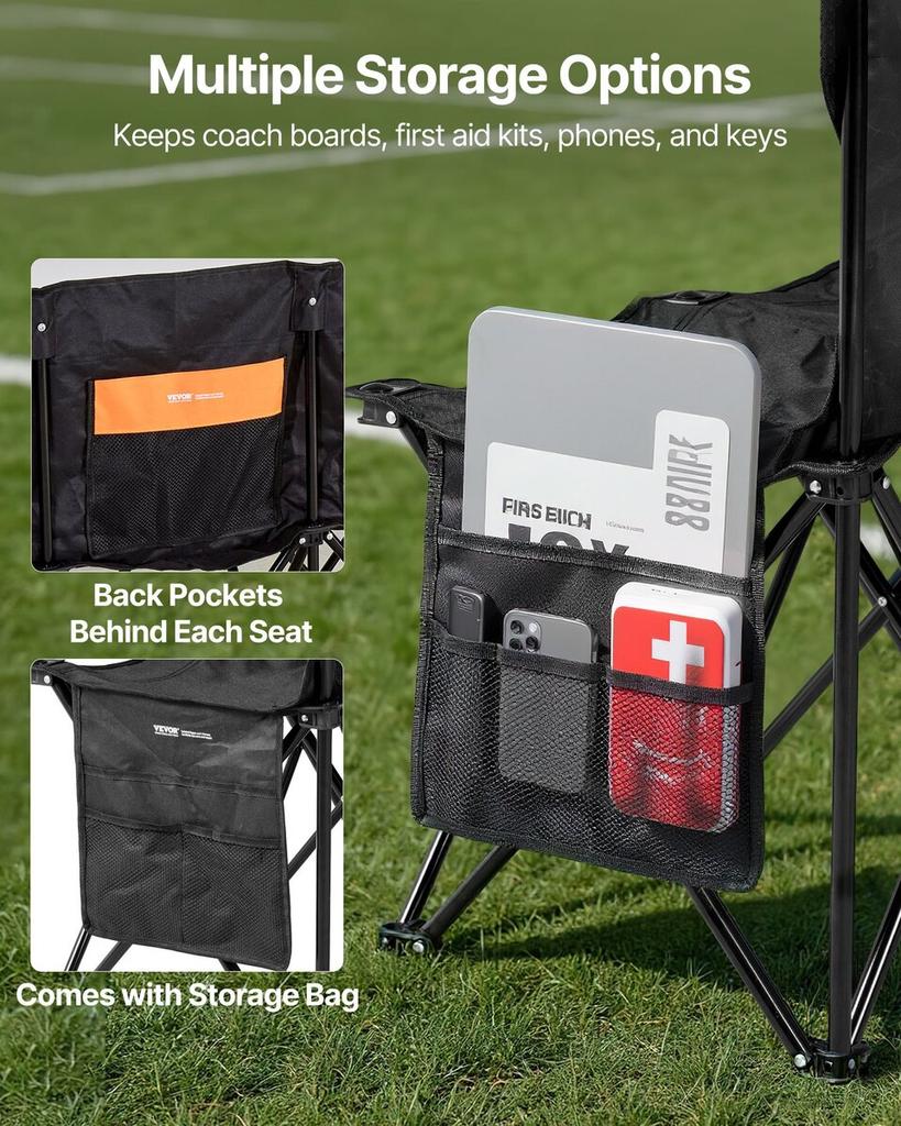 Portable Folding Bench, 6 Seat Soccer Bench with Multiple Storage Pockets & Carrying Bag, Lightweight Sideline Seating with Back Rest for Football,