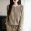 Women's Autumn 2025 Pure Wool Round Neck Cardigan - New Style Loose Knit Sweater