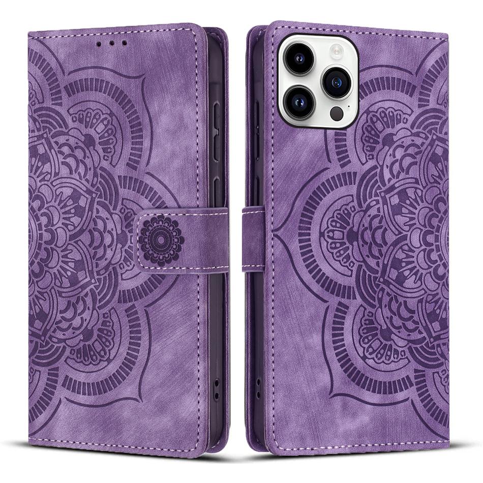 

For iPhone 14 Pro Leather Case WANLONFENG HDM Series Mandala Imprint Wallet Stand Phone Cover Purple