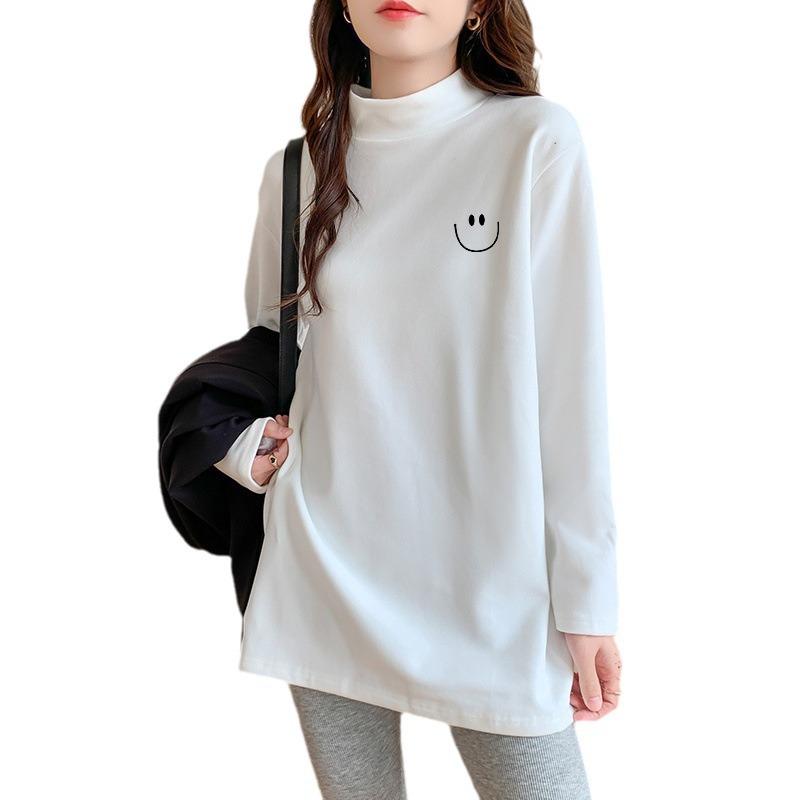 turtleneck bottoming shirt for women, thickened and warm inside, loose large size medium and long top, foreign style long-sleeved T-shirt.