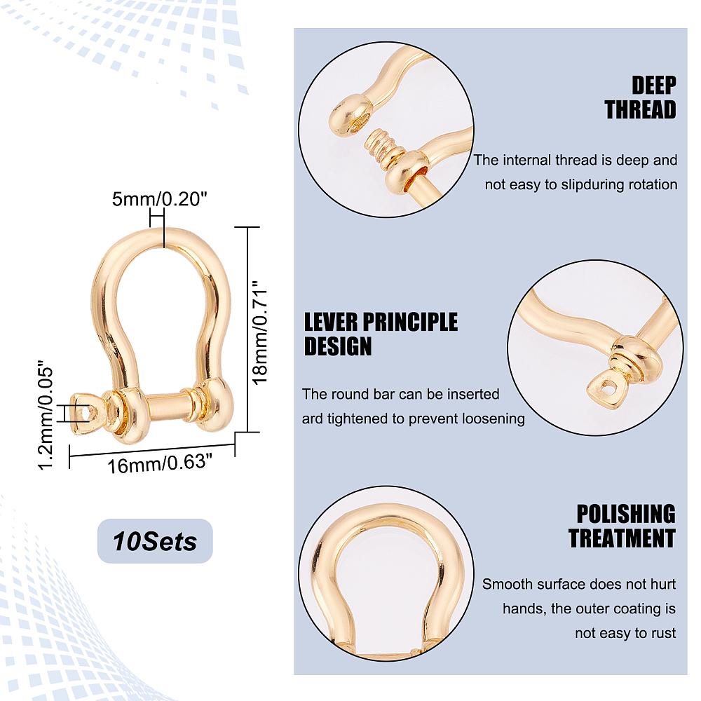 10 Sets Brass D-Ring Anchor Shackle Clasps, for Bracelets Making, Nickel Free, Real 18K Gold Plated, 18x16x5mm, Hole: 1.2mm