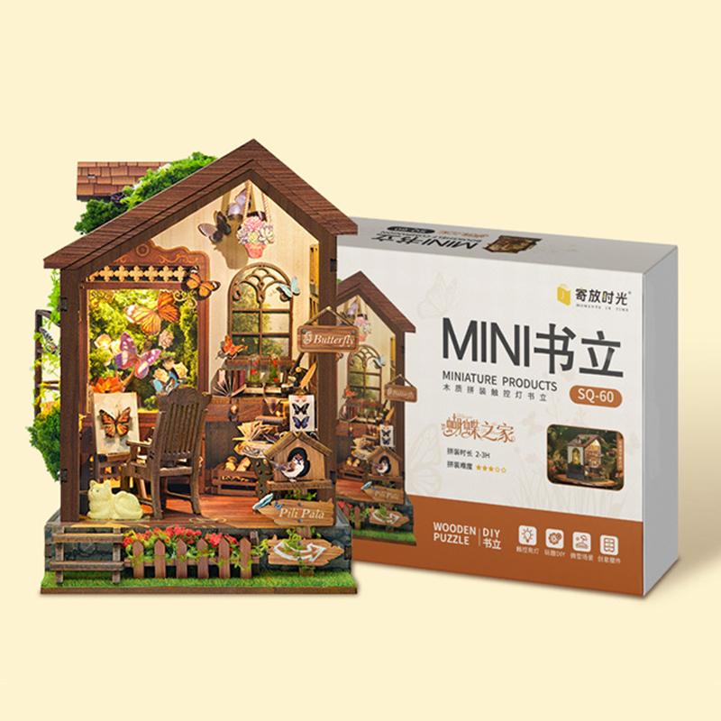 Mini DIY Wooden Book Nook Figurines Miniature Kits Butterfly House Bookshelf Home Bookend Decoration For Adult Handmade Gift