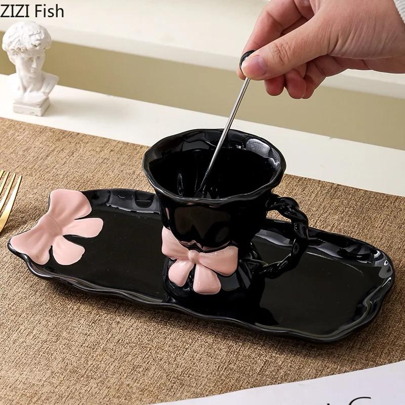 Lovely Pink Bowknot Ceramic Mug Milk Cups Dining Table Coffee Mugs Afternoon Tea Teacup Water Cup Fruits Juice Container