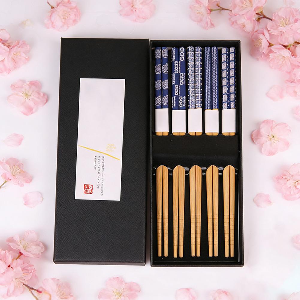 Reusable 5Pairs Tableware Handmade Bamboo Japanese Natural Wood Chopsticks Sushi Food Multi Color Wooden Chop Sticks