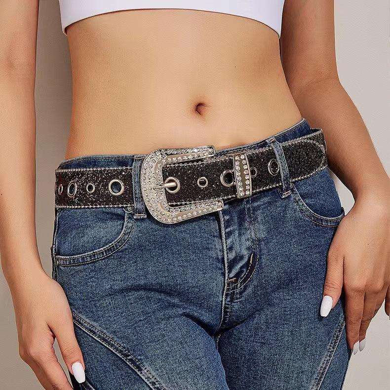 Trendy European & American Sequined Rhinestone Leather Belt