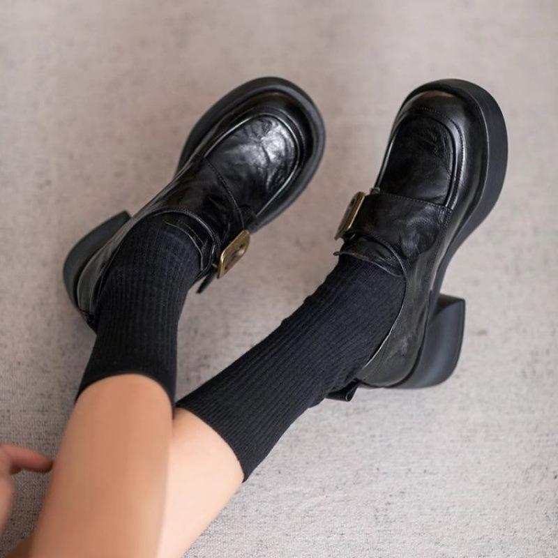 2025 spring and autumn Velcro loafers women's heightened platform British style women's shoes genuine leather thick heel retro small leather shoes