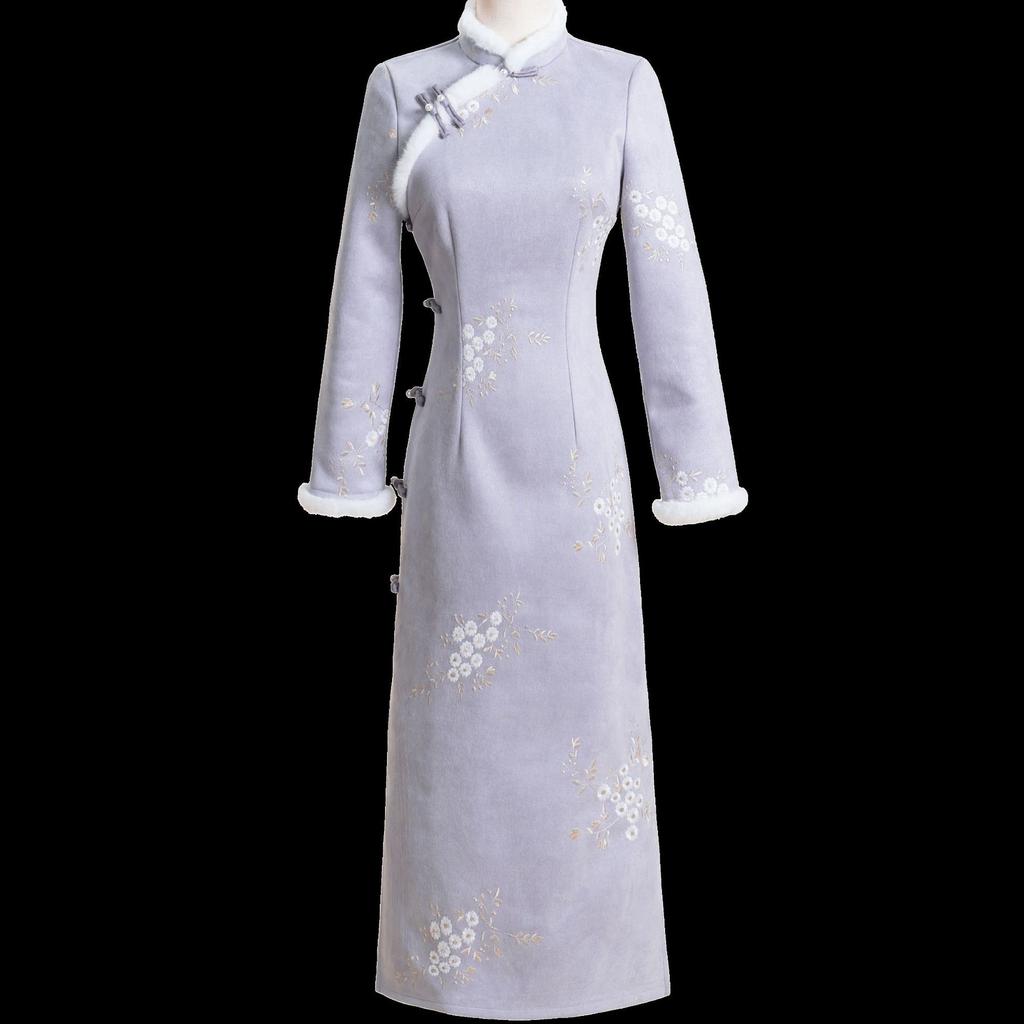 Purple New Chinese Suede Cheongsam 1011 New Improved Long Sleeve Daily Retro Fleece Thickened Dress Women
