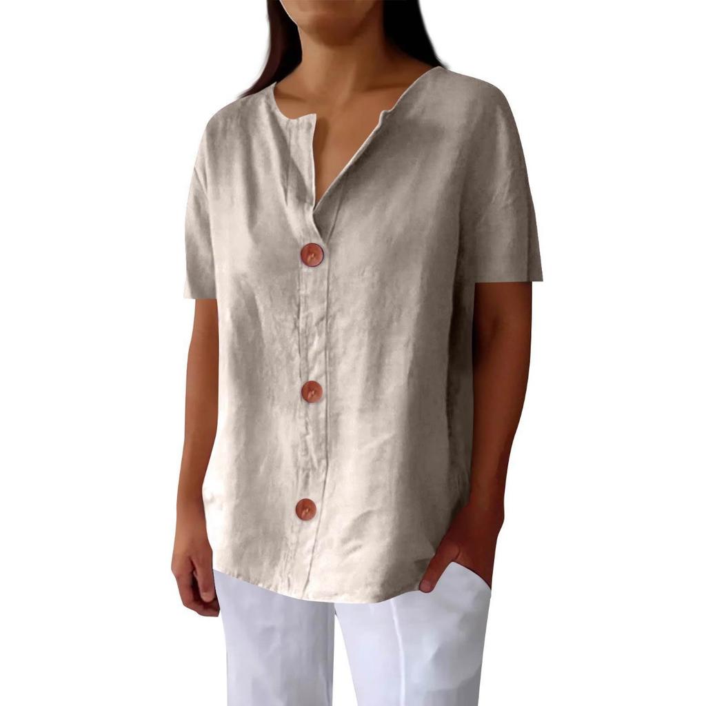 Spring Autumn New Women's Loose V-neck Button T-shirt Comfortable Casual Blouse Top