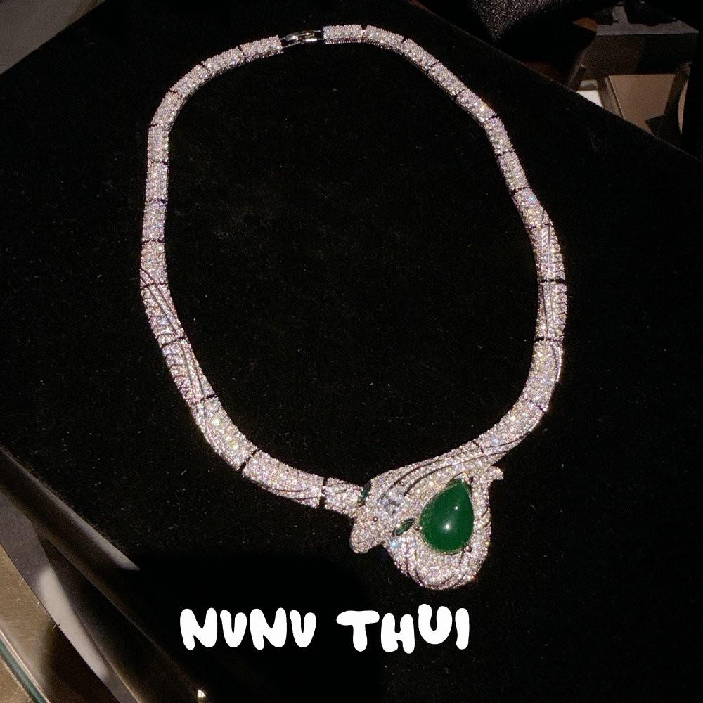 Jewelry, Luxury Serpentine Emerald Necklace, Wedding Dinner, Malachite Green Water Drop Snake Earrings, Set