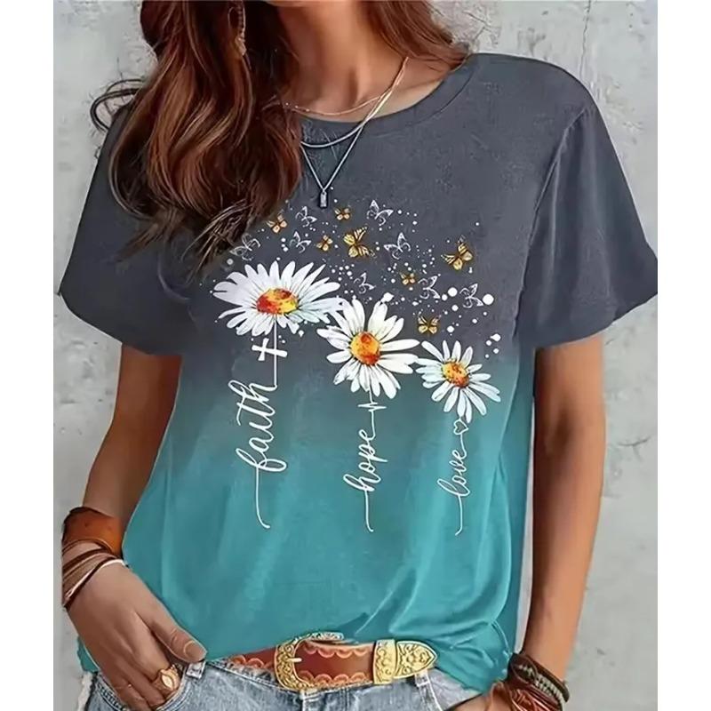 Summer Round Neck Flower Print Comfortable Fashionable Oversized Breathable Casual Women's T-shirt