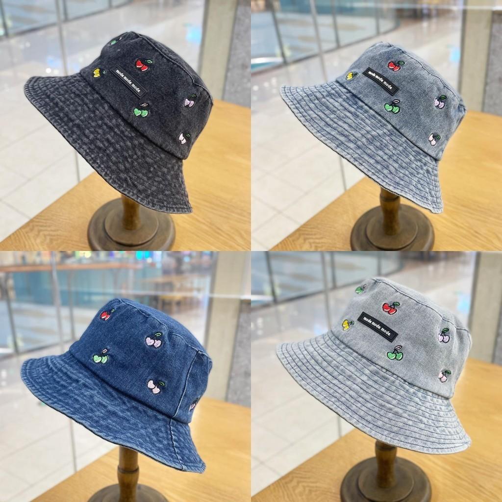 Cute Cherry Embroidery Denim Fisherman Hat Women's Fashion Street Casual Bucket Hat